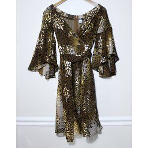 Venus Gold Metallic Leopard Print Bell Sleeve Dress Flowy  Boho Glam Size 2